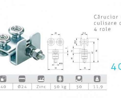 40, feronerie, carucior de culisare cu 4 role